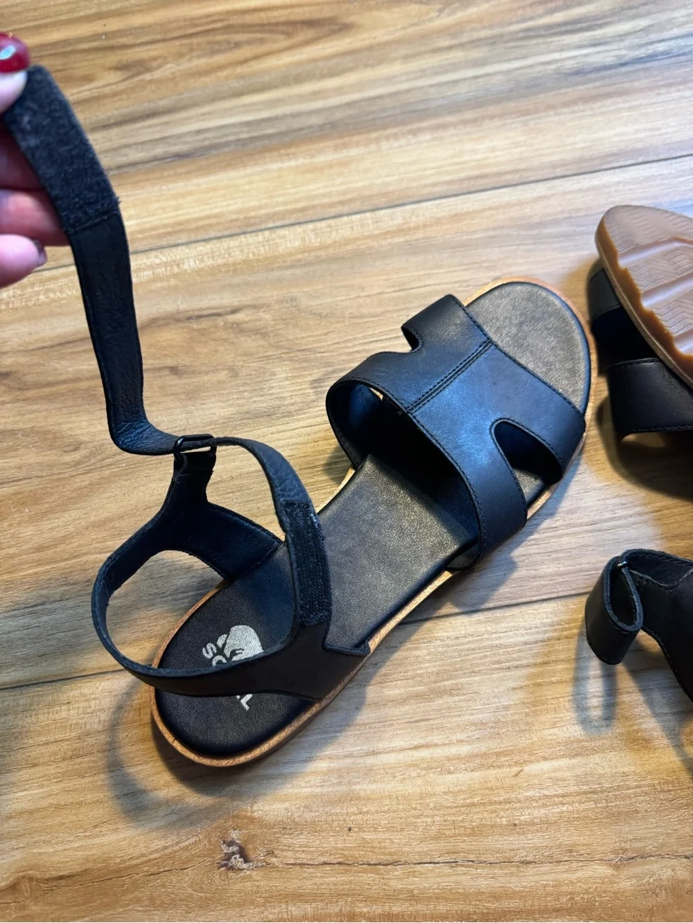 Sorel Black Faux Leather Two-Strap Velcro Ankle Sandals
